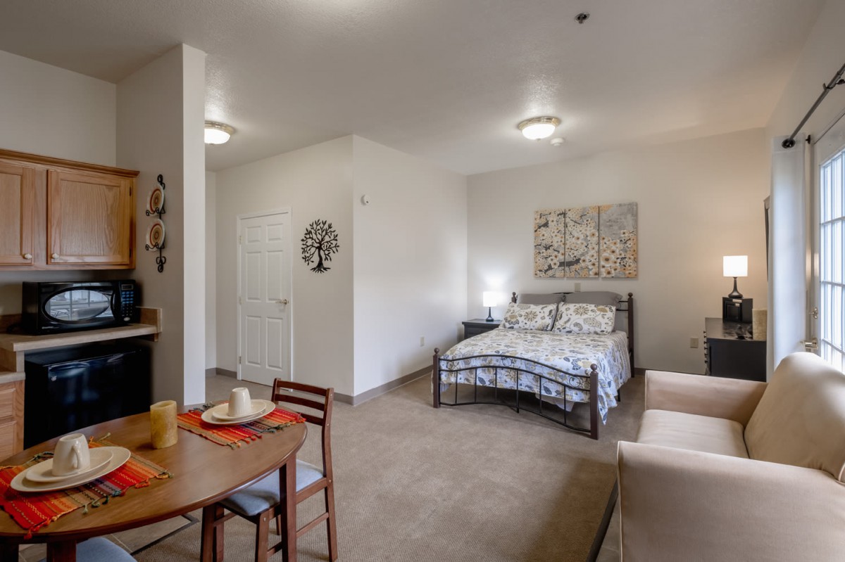 A cozy studio apartment featuring a combined bedroom and living area with modern decor.
