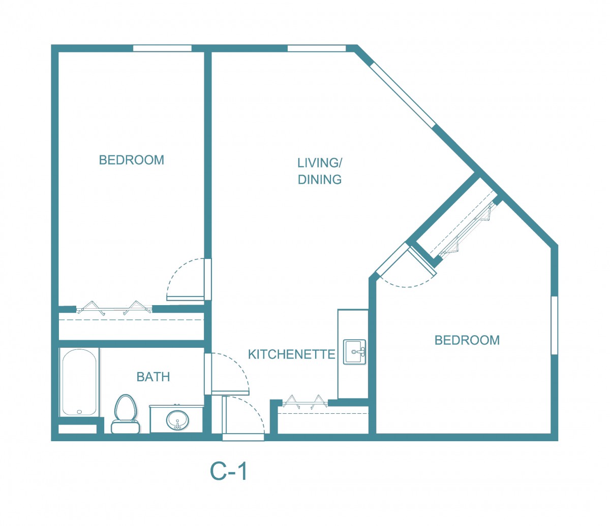 A floor plan of a two-bedroom apartment with a living area, kitchenette, and bathroom.