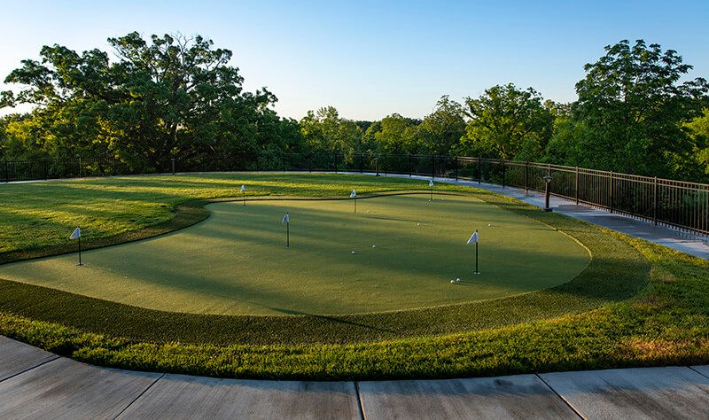 A serene view of a putting green surrounded by lush trees under a clear blue sky.