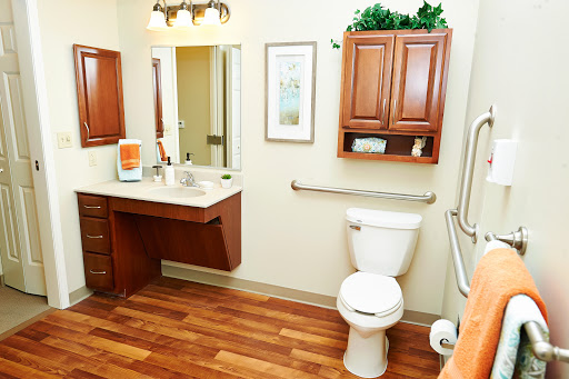 A well-designed bathroom featuring a toilet, sink, and wooden cabinets.
