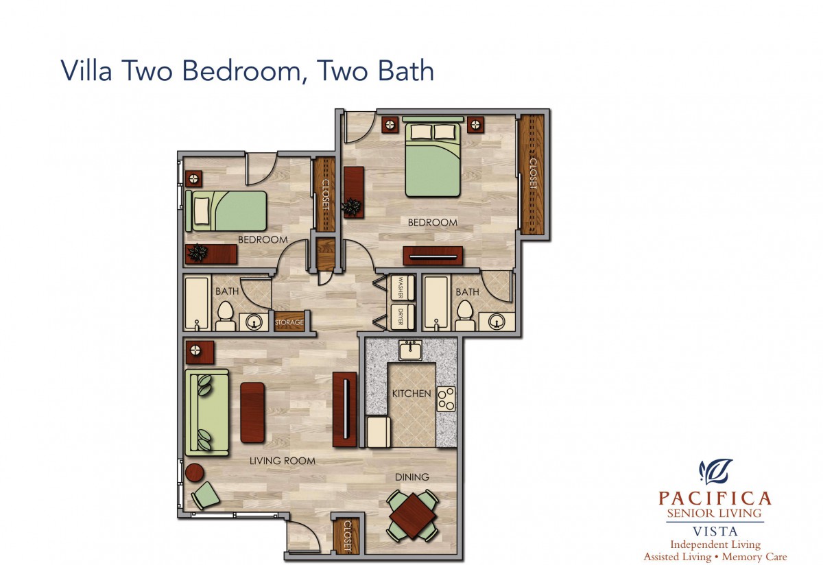 Floor plan of a two-bedroom, two-bathroom apartment.