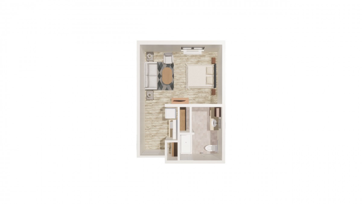 A top-down view of a one-bedroom apartment floor plan, featuring a living room, kitchen, and bathroom.