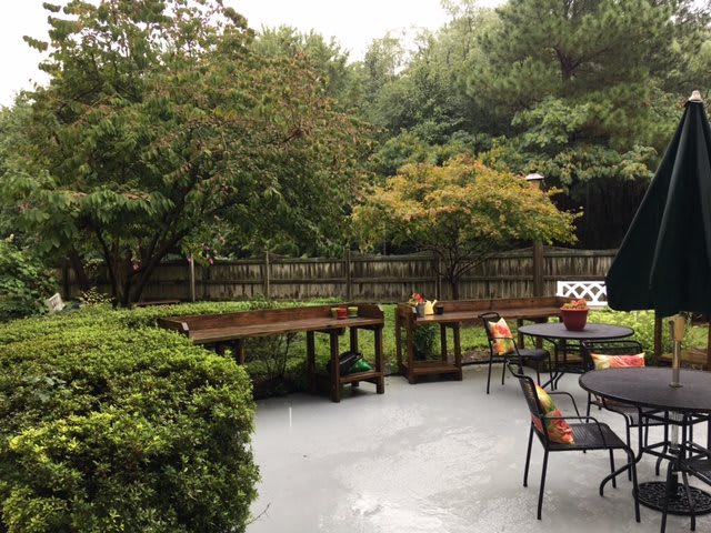 A cozy backyard patio with tables and chairs surrounded by lush greenery.