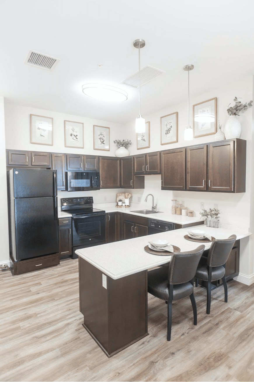 A modern kitchen with dark cabinets and matching appliances, featuring a spacious countertop and bar seating.