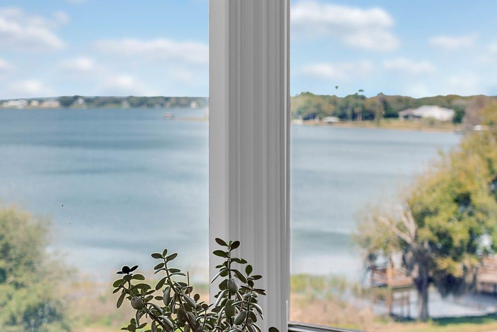 A peaceful lakeside view through a window with a plant on the sill.