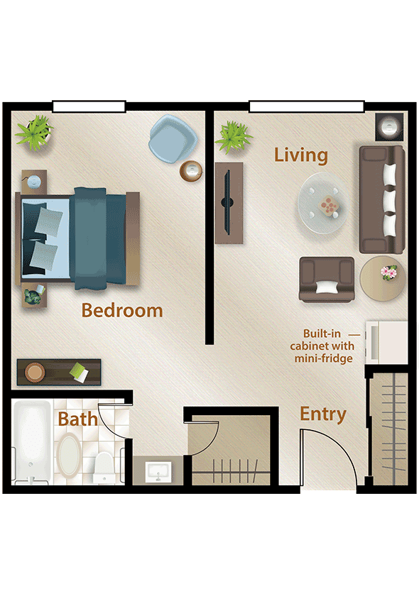 A floor plan of a small apartment featuring a bedroom, living room, bathroom, and entry area.
