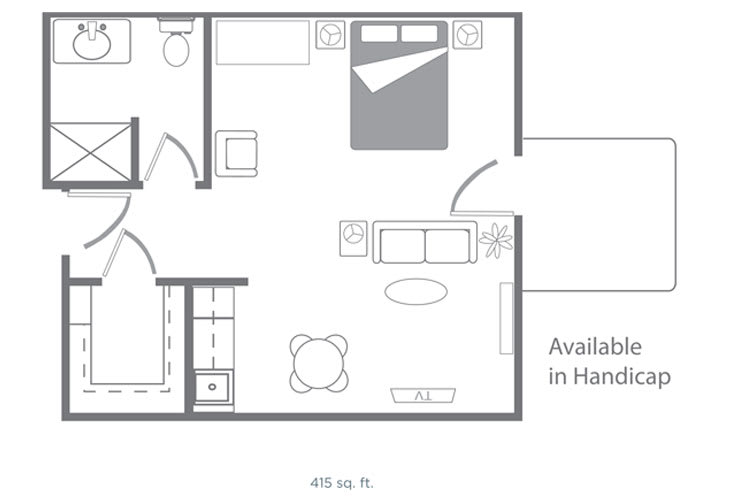 A floor plan of a one-bedroom apartment with a kitchen, living room, and bathroom.