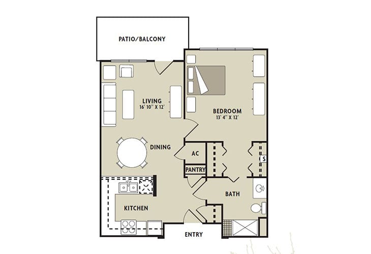 A floor plan of a one-bedroom apartment with a living room, kitchen, bathroom, and patio balcony.