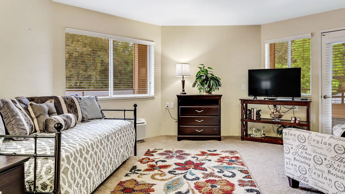 A cozy living room with a patterned rug, daybed, and television.