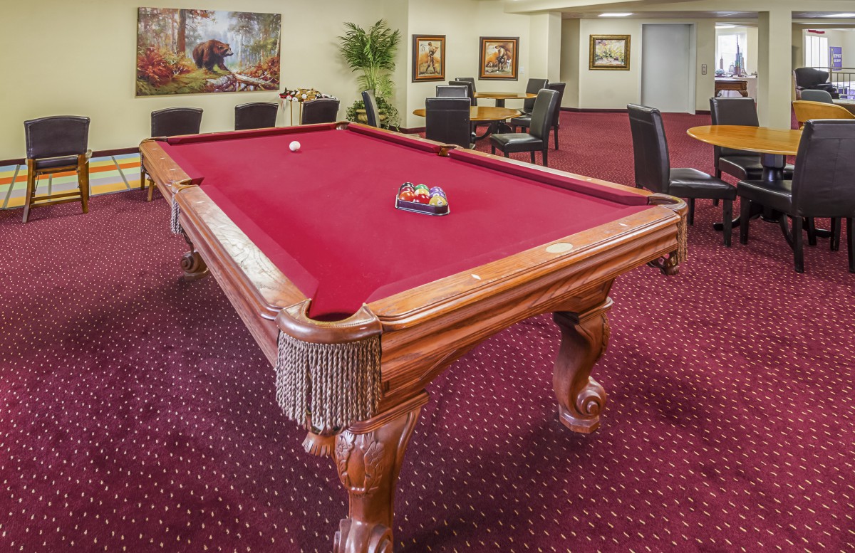 A billiards room featuring a pool table with red felt and game accessories.