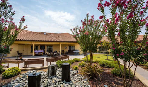 A landscaped courtyard with a variety of plants and flowers in front of a building with a tiled roof.