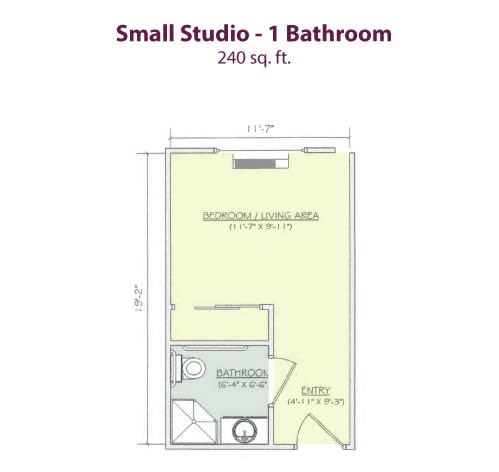 Floor plan of a small studio apartment with one bathroom, measuring 240 square feet.