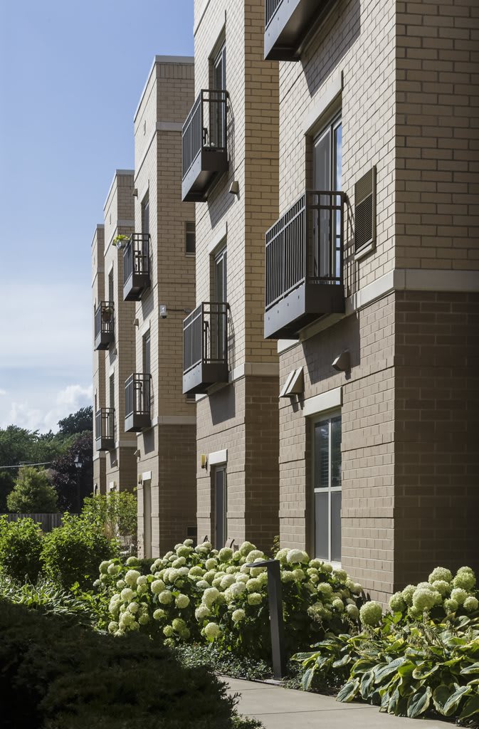 A side view of a modern apartment building with balconies and windows, surrounded by greenery.