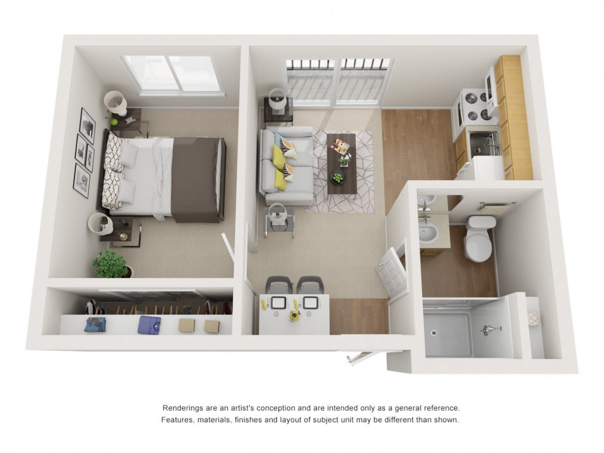 A 3D floor plan of a one-bedroom apartment showcasing a compact and efficient layout.