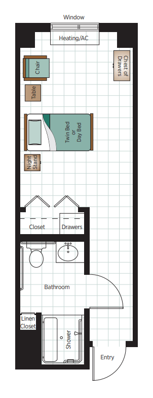 Floor plan of a small living space featuring a bedroom and bathroom with closet and drawers.