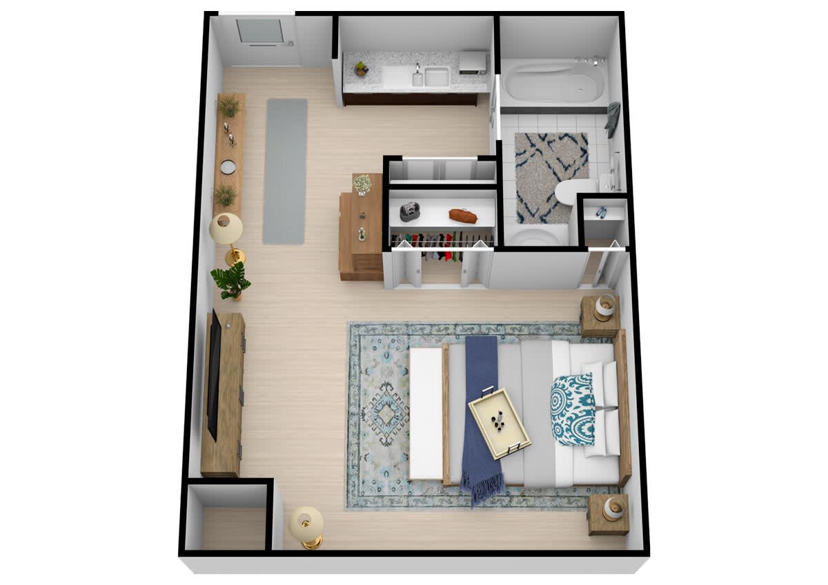 A minimalist apartment floor plan featuring a spacious bedroom and living area.
