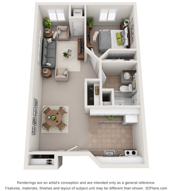 A 3D floor plan of a one-bedroom apartment featuring a living area, kitchen, dining space, bathroom, and bedroom.