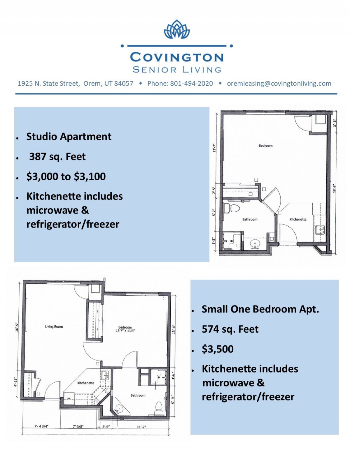 Floor plans for studio and small one-bedroom apartments at Covington Senior Living, outlining square footage, pricing, and included amenities.