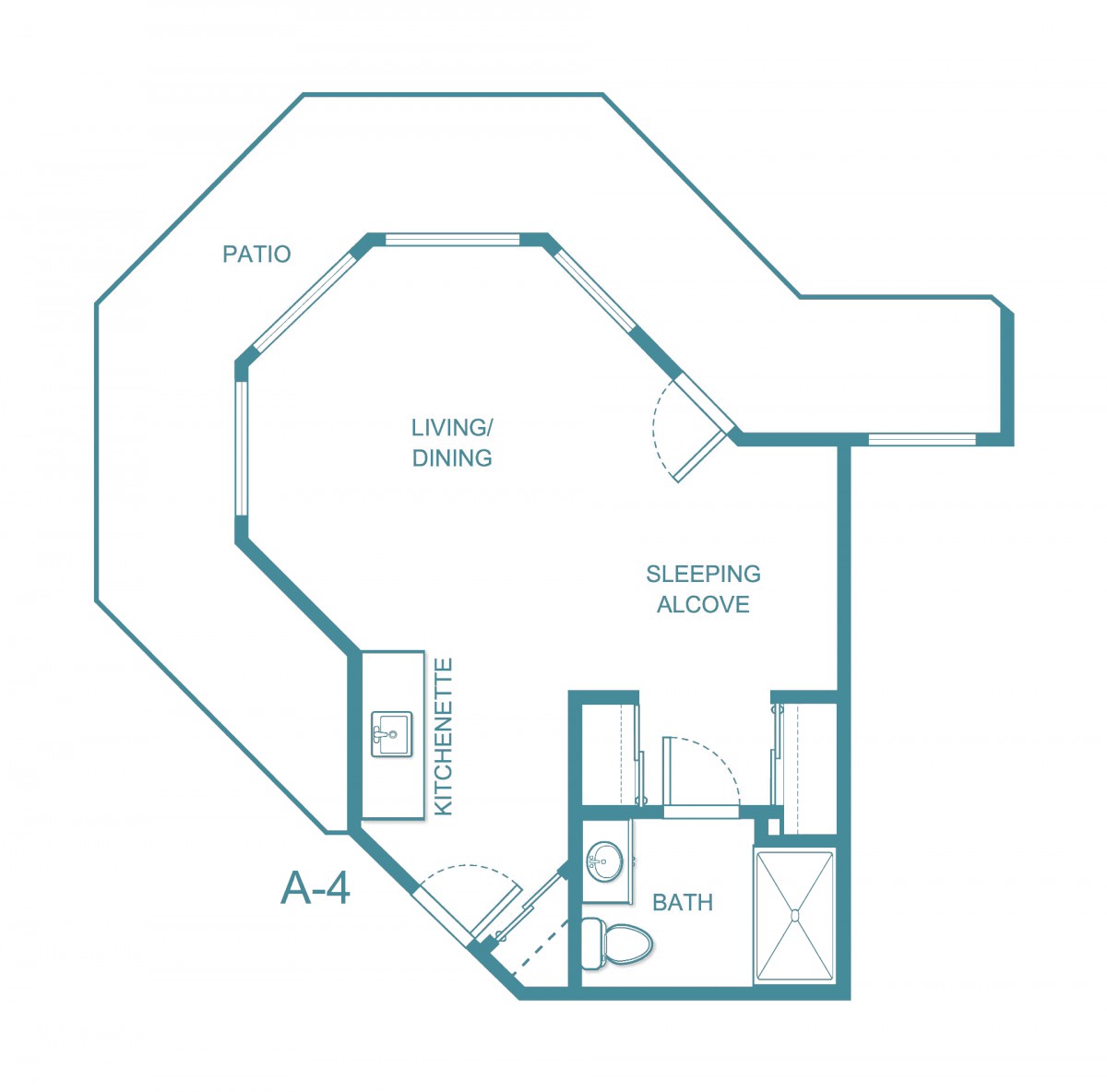 A studio apartment floor plan featuring a living area, sleeping alcove, kitchen, and bathroom.