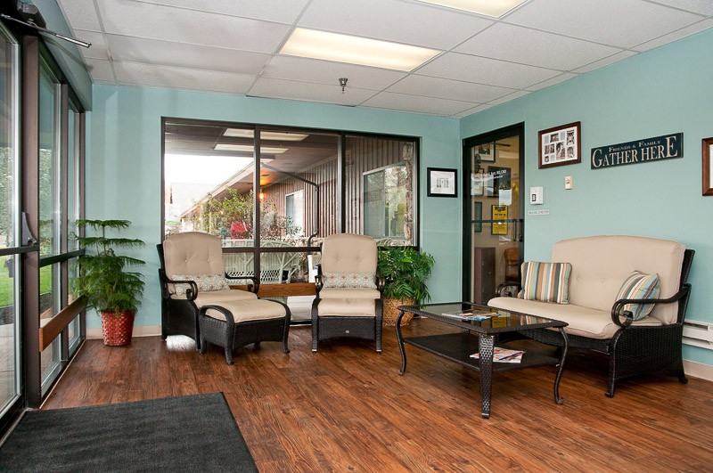 A cozy waiting room with comfortable seating and plants.