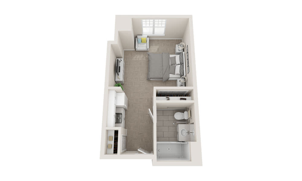 A 3D-rendered floor plan of a compact studio apartment.
