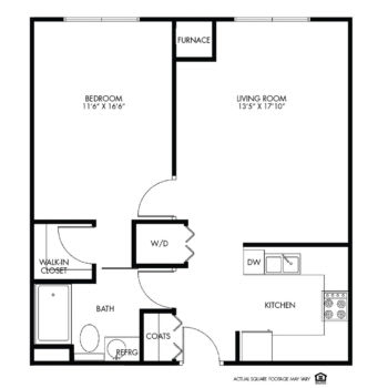 A floor plan of a one-bedroom apartment layout featuring a living room, kitchen, and bathroom.