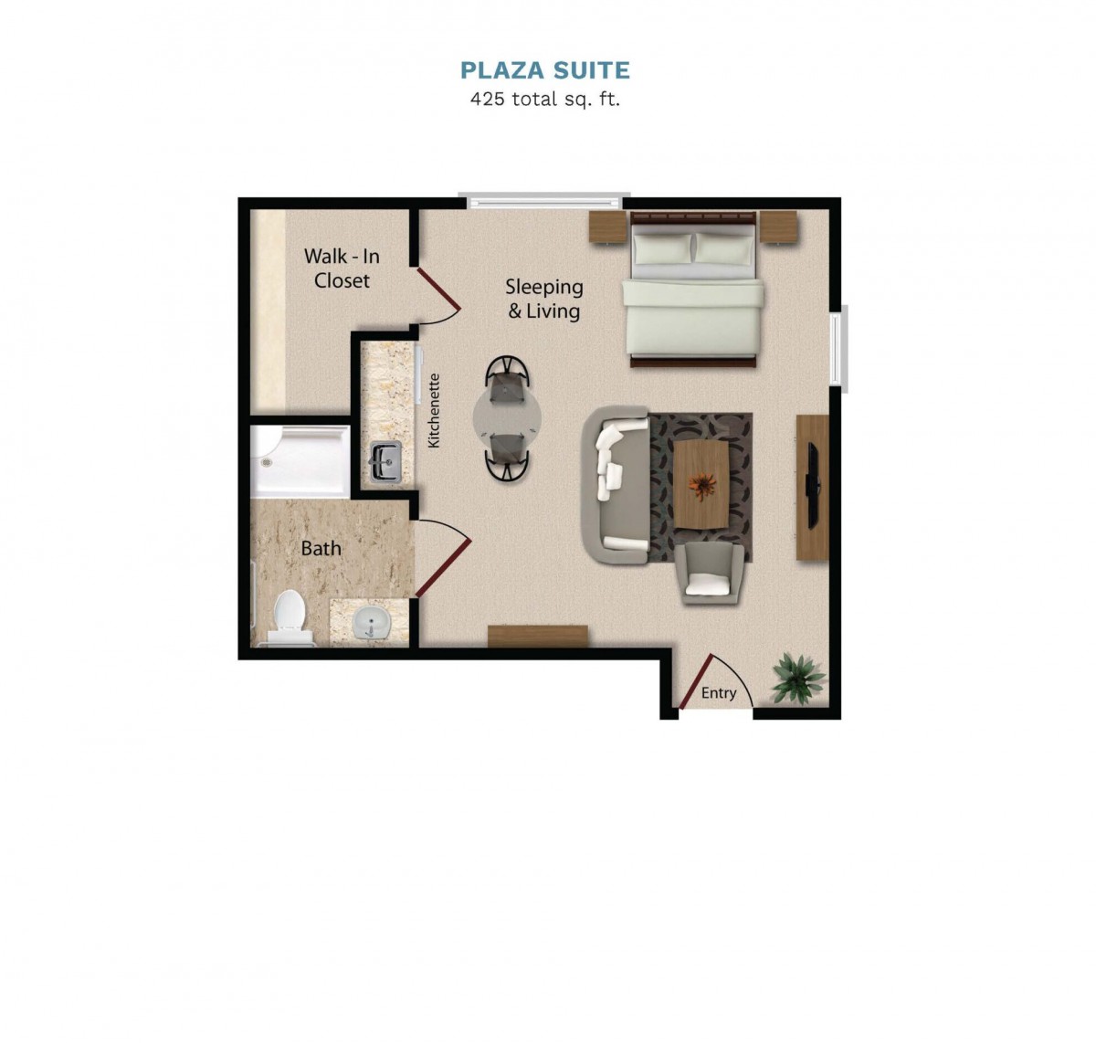 A 673 sq. ft. apartment floor plan with a bedroom, living room, kitchen, and bathroom.