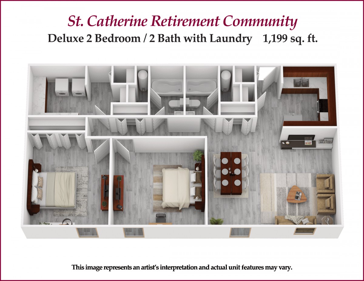 Floor plan of a deluxe 2 bedroom, 2 bath apartment with laundry at St. Catherine Retirement Community.