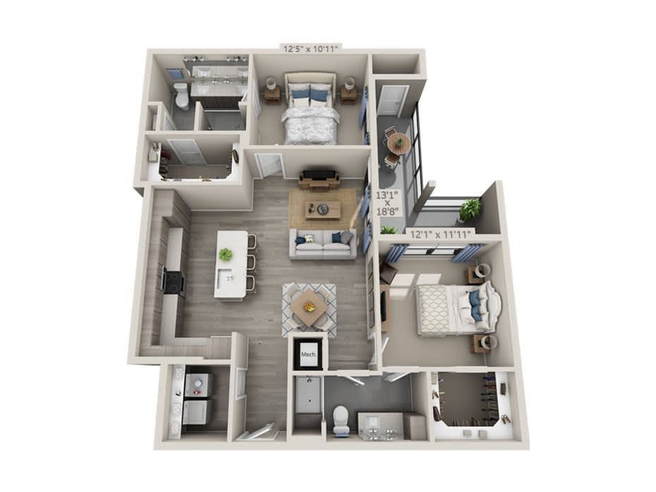 3D floor plan of a modern two-bedroom apartment with an open kitchen and living area.