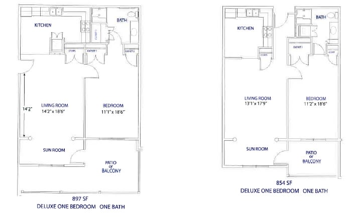 Floor plans for one-bedroom and two-bedroom apartments.