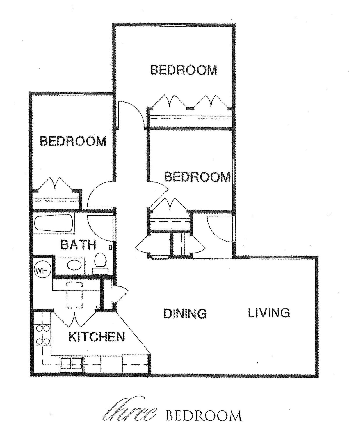 Floor plan of a three-bedroom apartment with kitchen, bath, dining, and living areas.