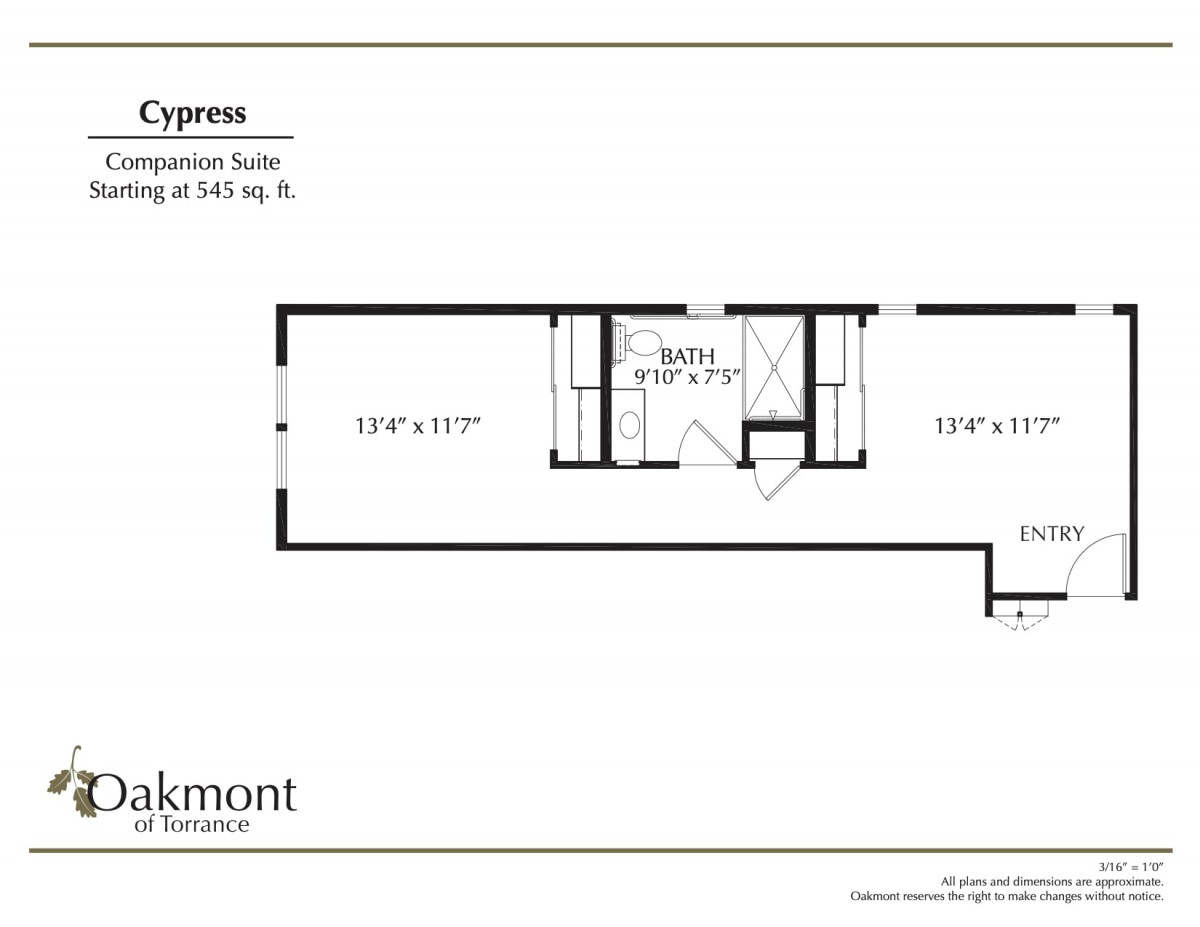 Floor plan of a one-bedroom suite with approximate sizing.