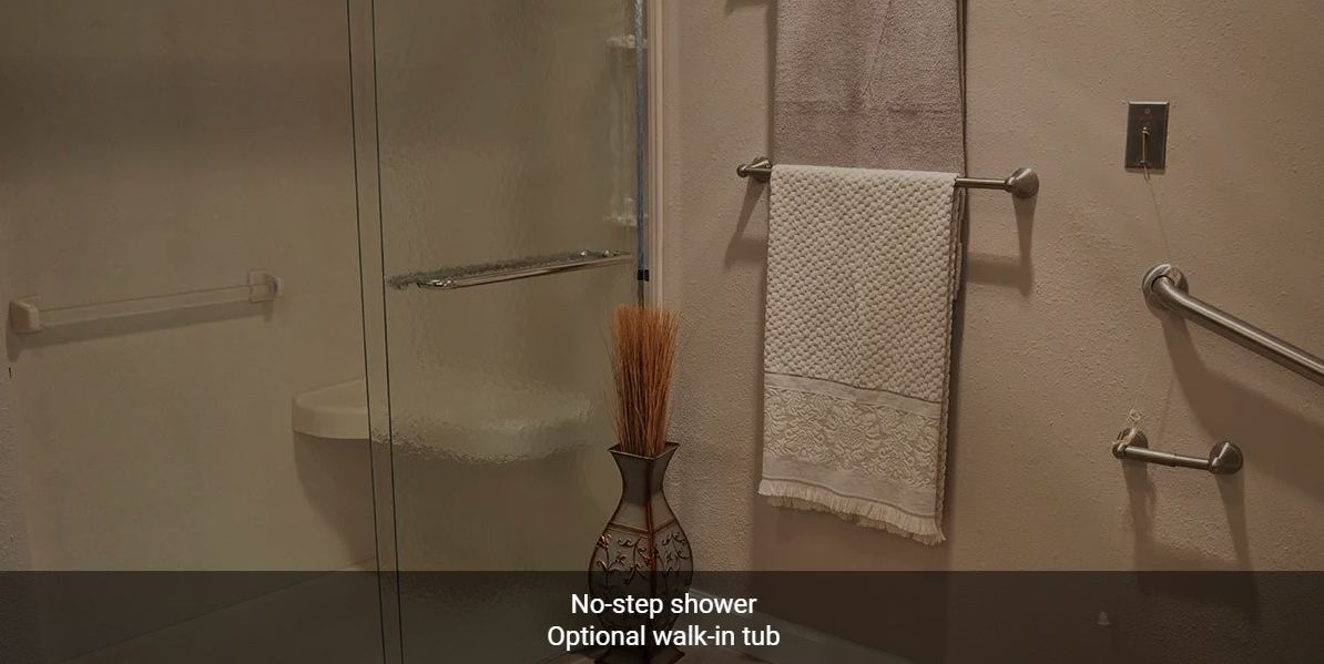 Modern bathroom with a no-step shower and optional walk-in tub.