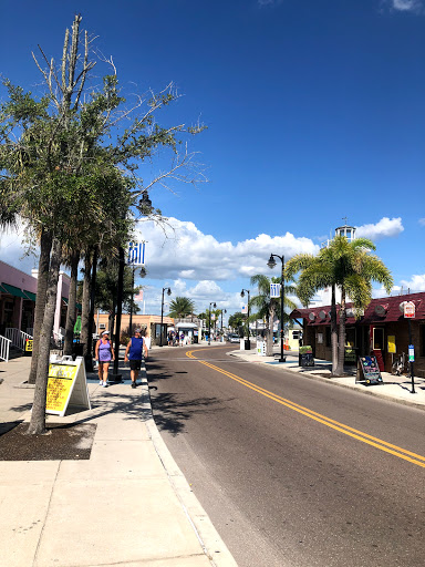 A vibrant downtown street lined with shops and palm trees under a clear blue sky.