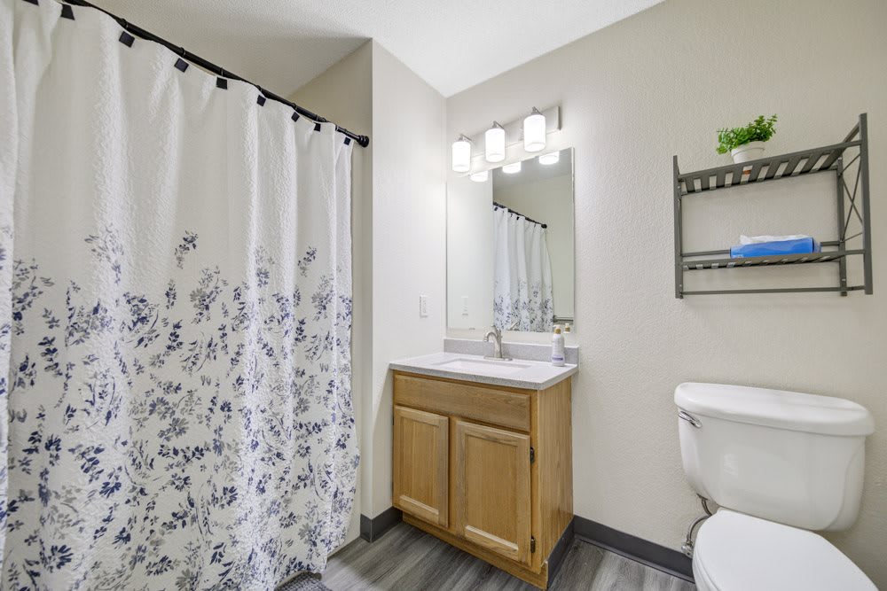 A modern bathroom features a wooden vanity with a sink and mirror, alongside a shower curtain and toilet.