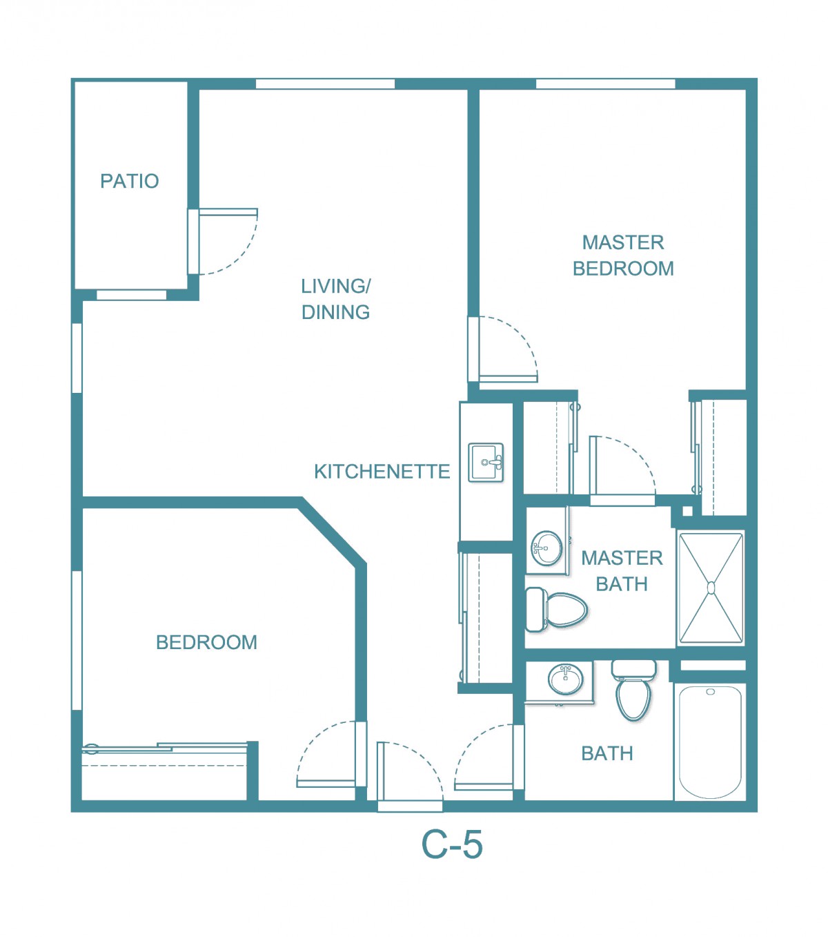 Floor plan of a two-bedroom apartment with a patio and master bathroom.