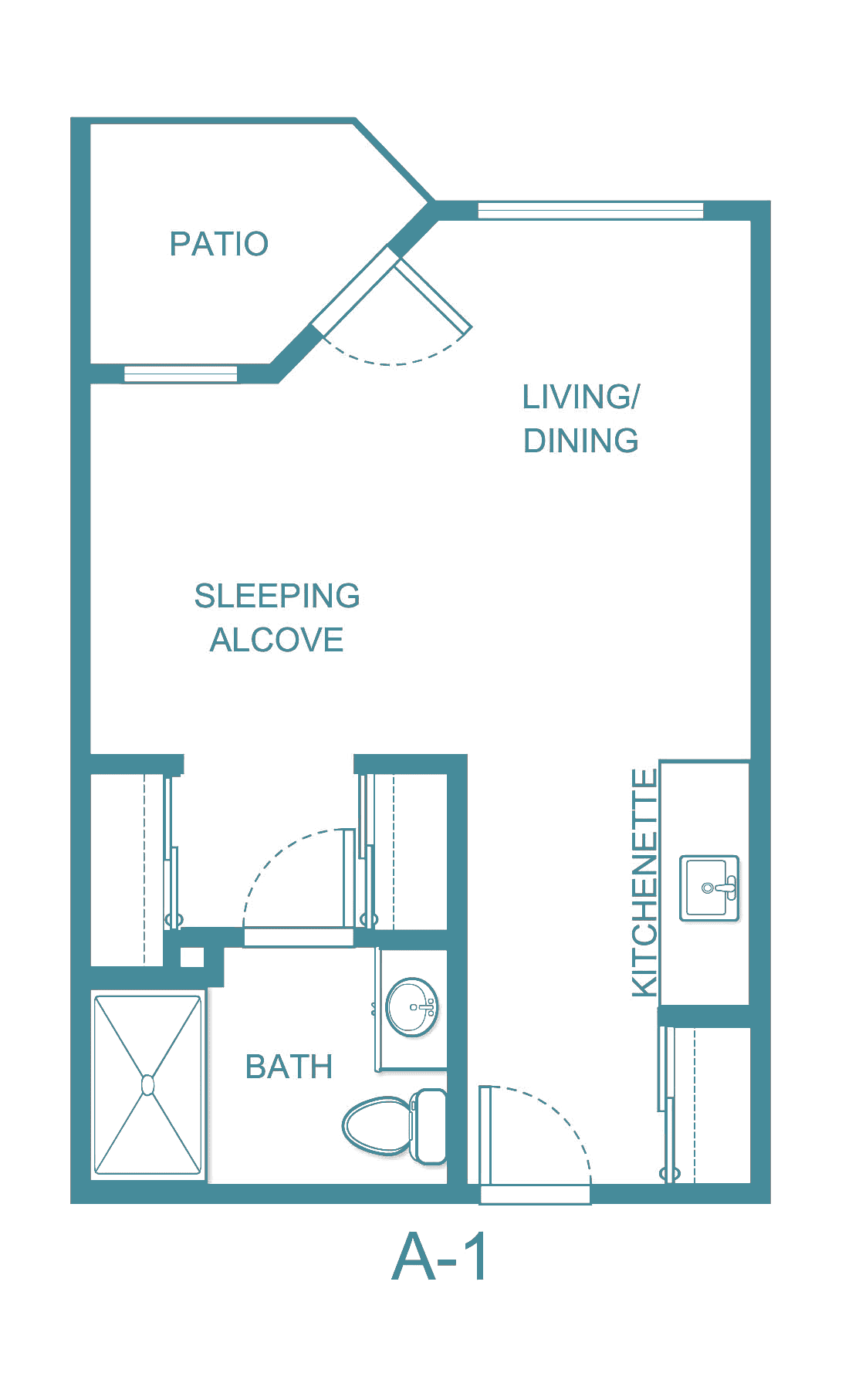 Studio apartment floor plan showing living/dining area, sleeping alcove, kitchenette, and bath.