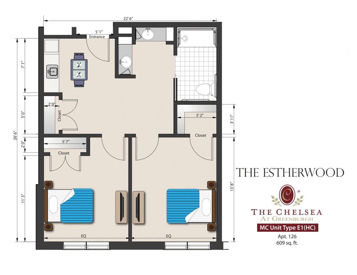 A floor plan of a two-bedroom apartment featuring a living room, kitchen, and bathroom.