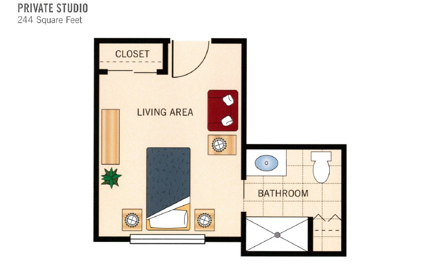 A floor plan of a studio apartment with labeled living area, bathroom, and closet.