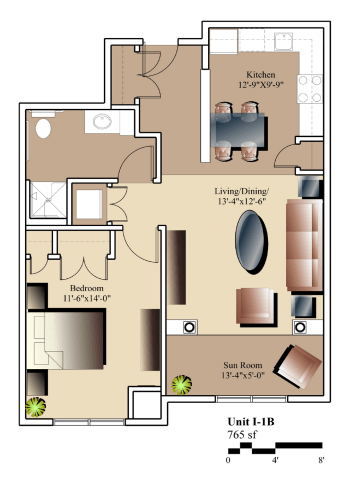 A detailed floor plan of an apartment featuring a living/dining area, kitchen, bedroom, and bathroom.