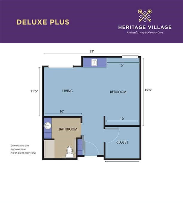 Floor plan of a Deluxe Plus apartment at Heritage Village.