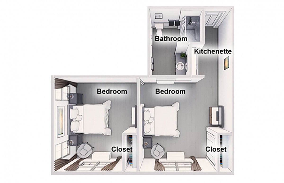 A two-bedroom apartment floor plan featuring a kitchenette, bathroom, and closets.