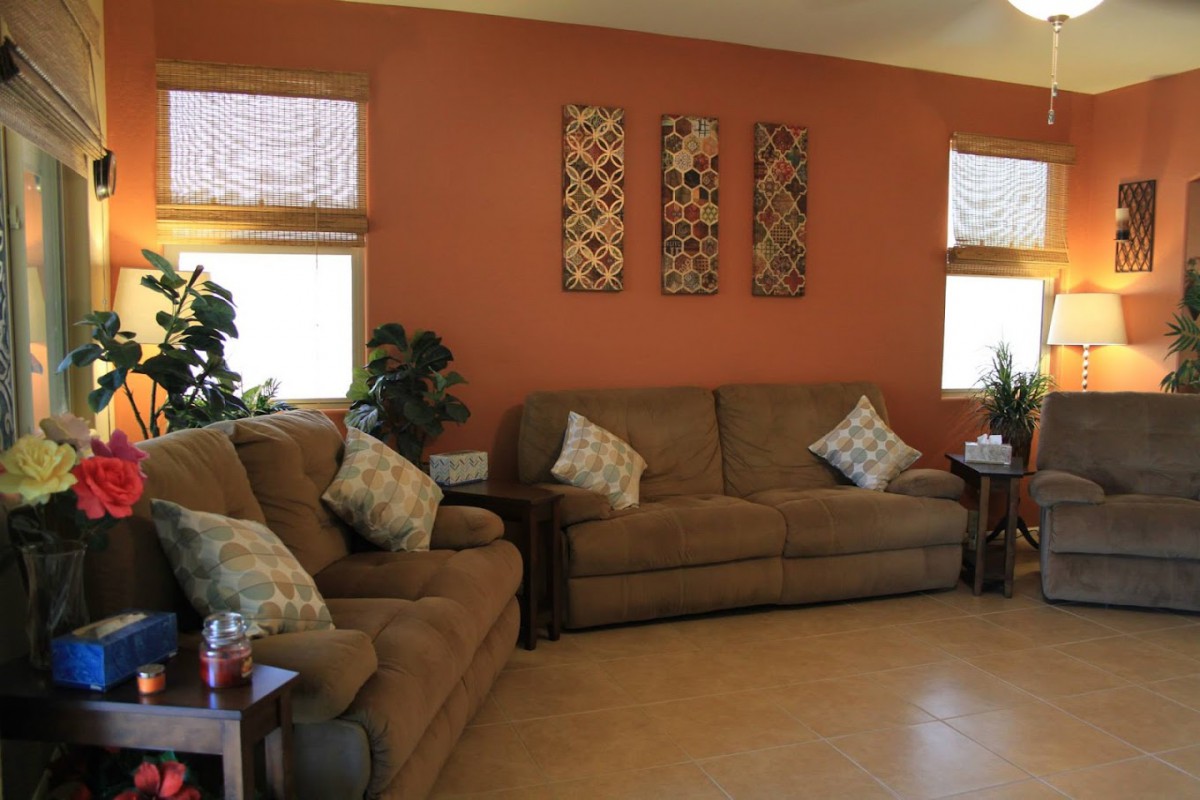 A cozy living room with brown sofas, decorative cushions, and wall art on an orange accent wall.