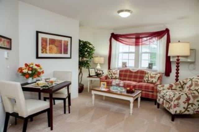 A cozy living room with a plaid sofa, coffee table, and dining area, adorned with vibrant decor and plants.