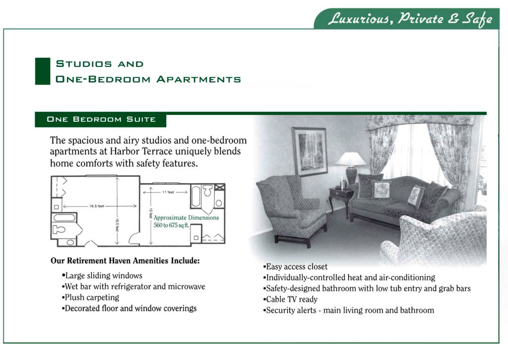 Advertisement for one and two-bedroom apartments featuring a floor plan and an image of a furnished living room.