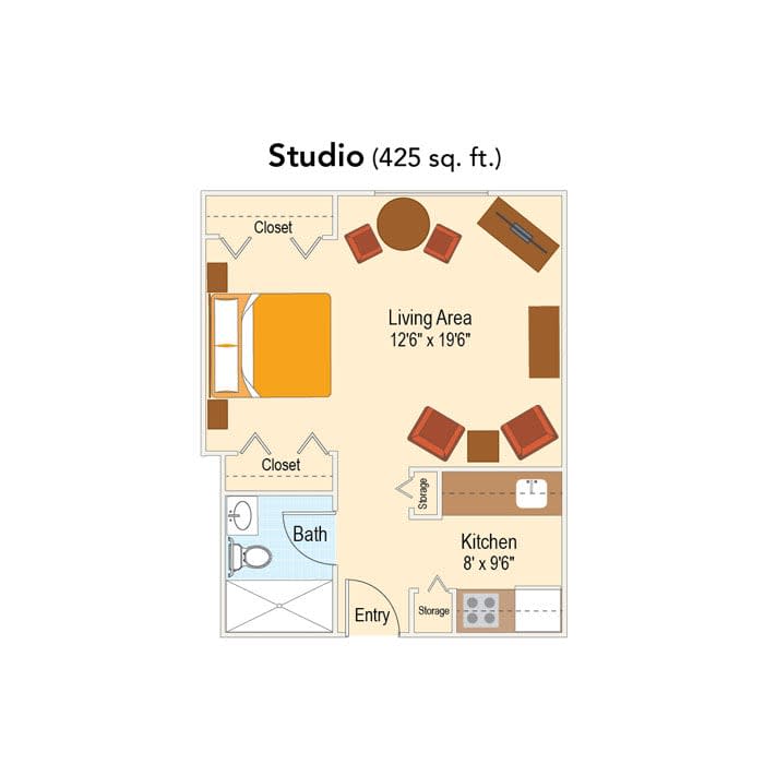 Studio apartment floor plan with combined living and kitchen area.