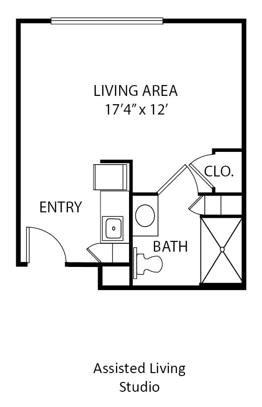 A floor plan of a studio apartment featuring a living area, kitchenette, bathroom, and closet.
