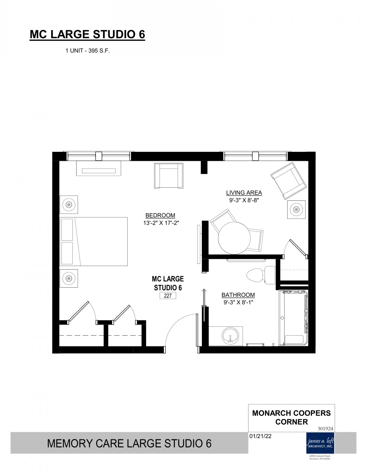 A floor plan of an apartment showing the layout of a bedroom, living room, and kitchen.