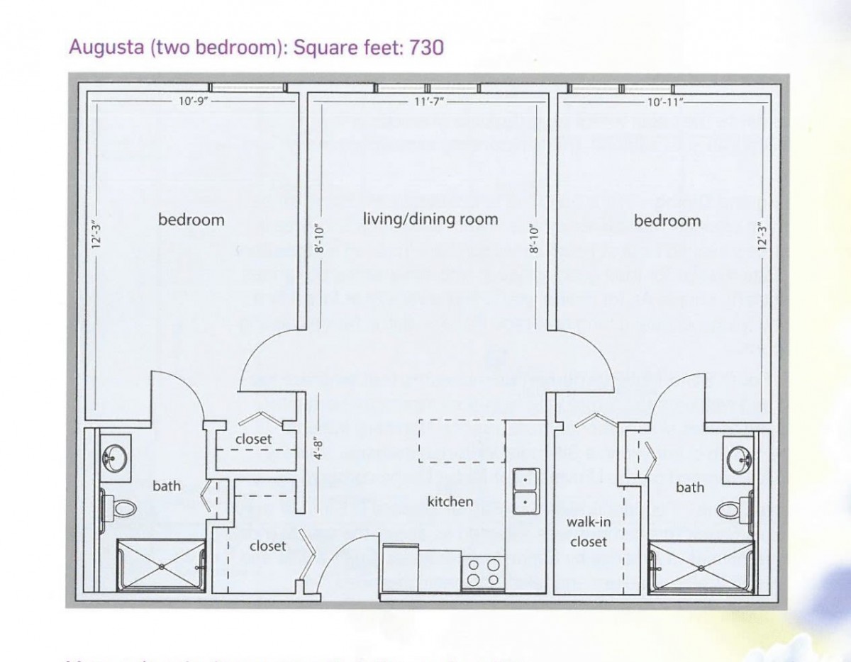 A floor plan of a two-bedroom apartment with a central living/dining area.