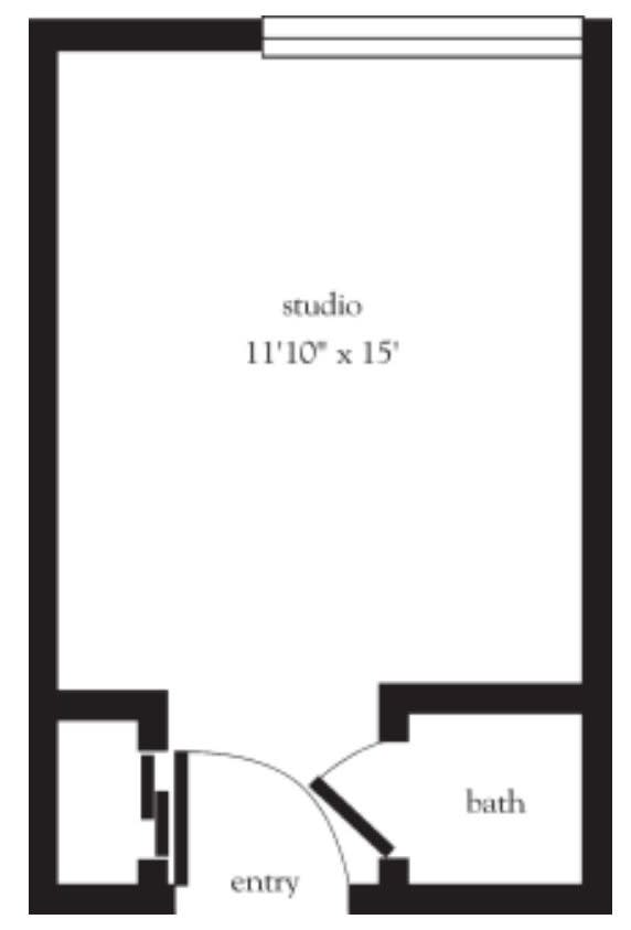 A floor plan of a studio apartment measuring 11'10'' x 15'.